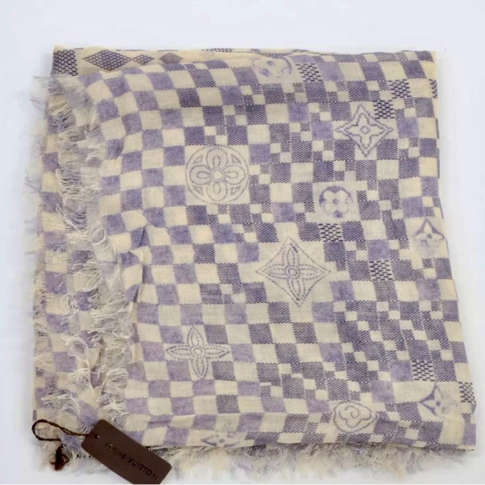 Auth Louis Vuitton Damier Azur Semi Sheer Cashmere / Silk Shawl Stole Wrap Scarf